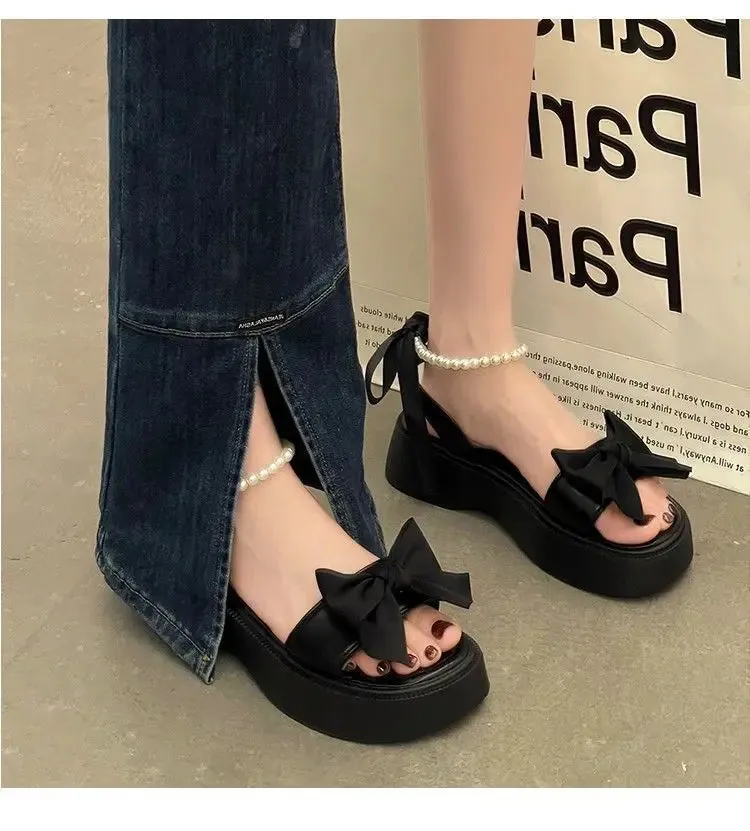 Getadme Comfort Shoes for Women Pearl Sandals Suit Female Beige Increasing Height Block Heels All-Match Black Bow 2024 Fashion Chunky Gi