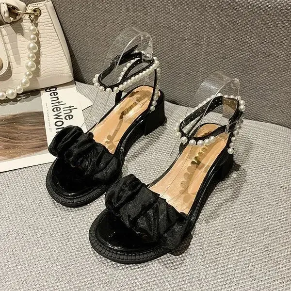 Getadme Comfort Shoes for Women Pearl Sandals Suit Female Beige Increasing Height Block Heels All-Match Black Bow 2024 Fashion Chunky Gi