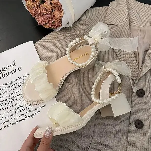 Getadme Comfort Shoes for Women Pearl Sandals Suit Female Beige Increasing Height Block Heels All-Match Black Bow 2024 Fashion Chunky Gi