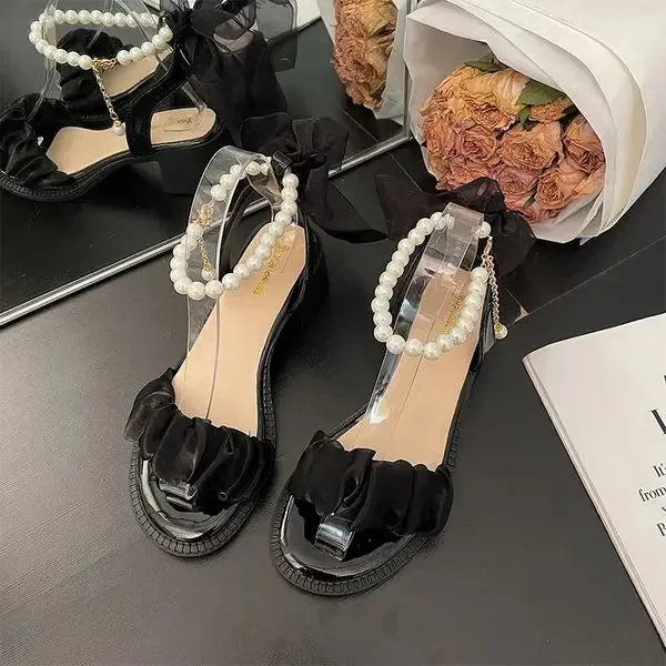 Getadme Comfort Shoes for Women Pearl Sandals Suit Female Beige Increasing Height Block Heels All-Match Black Bow 2024 Fashion Chunky Gi