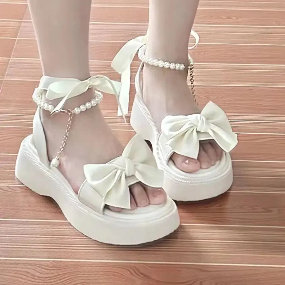 Getadme Comfort Shoes for Women Pearl Sandals Suit Female Beige Increasing Height Block Heels All-Match Black Bow 2024 Fashion Chunky Gi