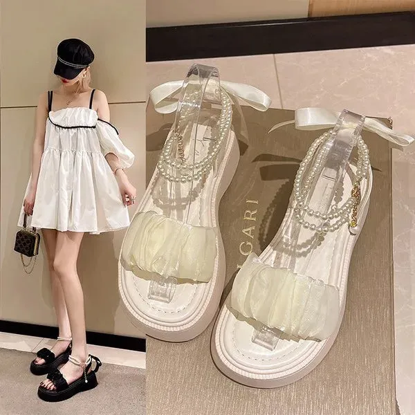 Getadme Comfort Shoes for Women Pearl Sandals Suit Female Beige Increasing Height Block Heels All-Match Black Bow 2024 Fashion Chunky Gi