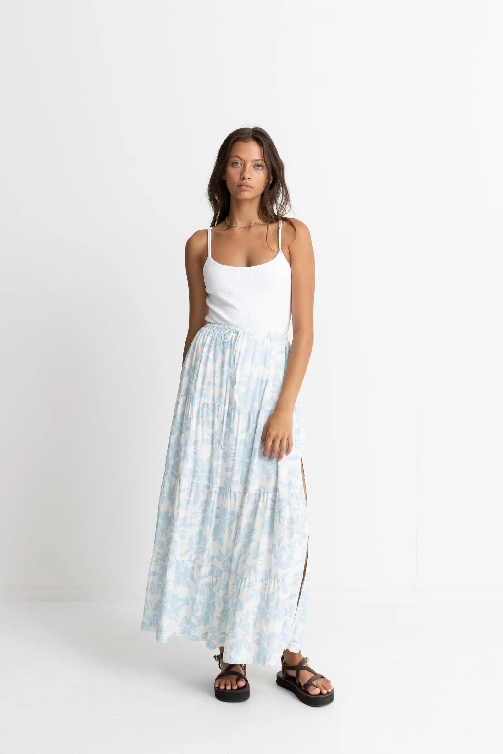 Grace Floral Tiered Maxi Skirt White