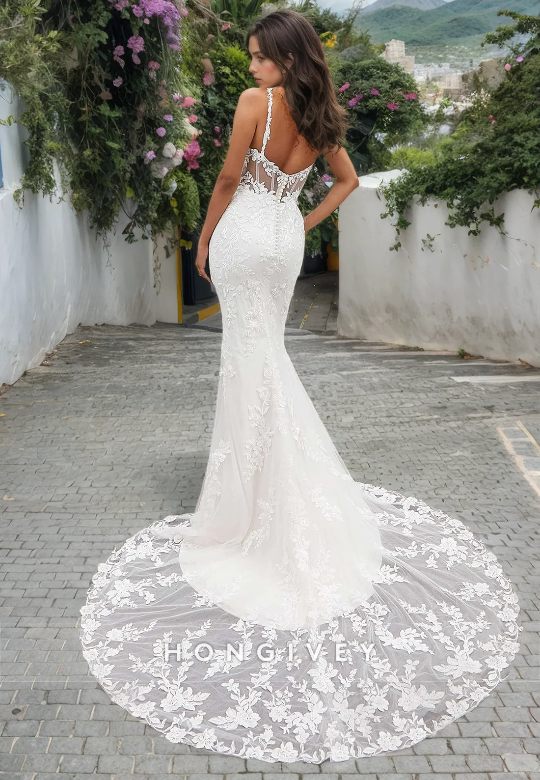 H0835 - Sheer Floral Embroidered Lace  Mermaid With Overskirt And Tulle Train Pricess Wedding Dress