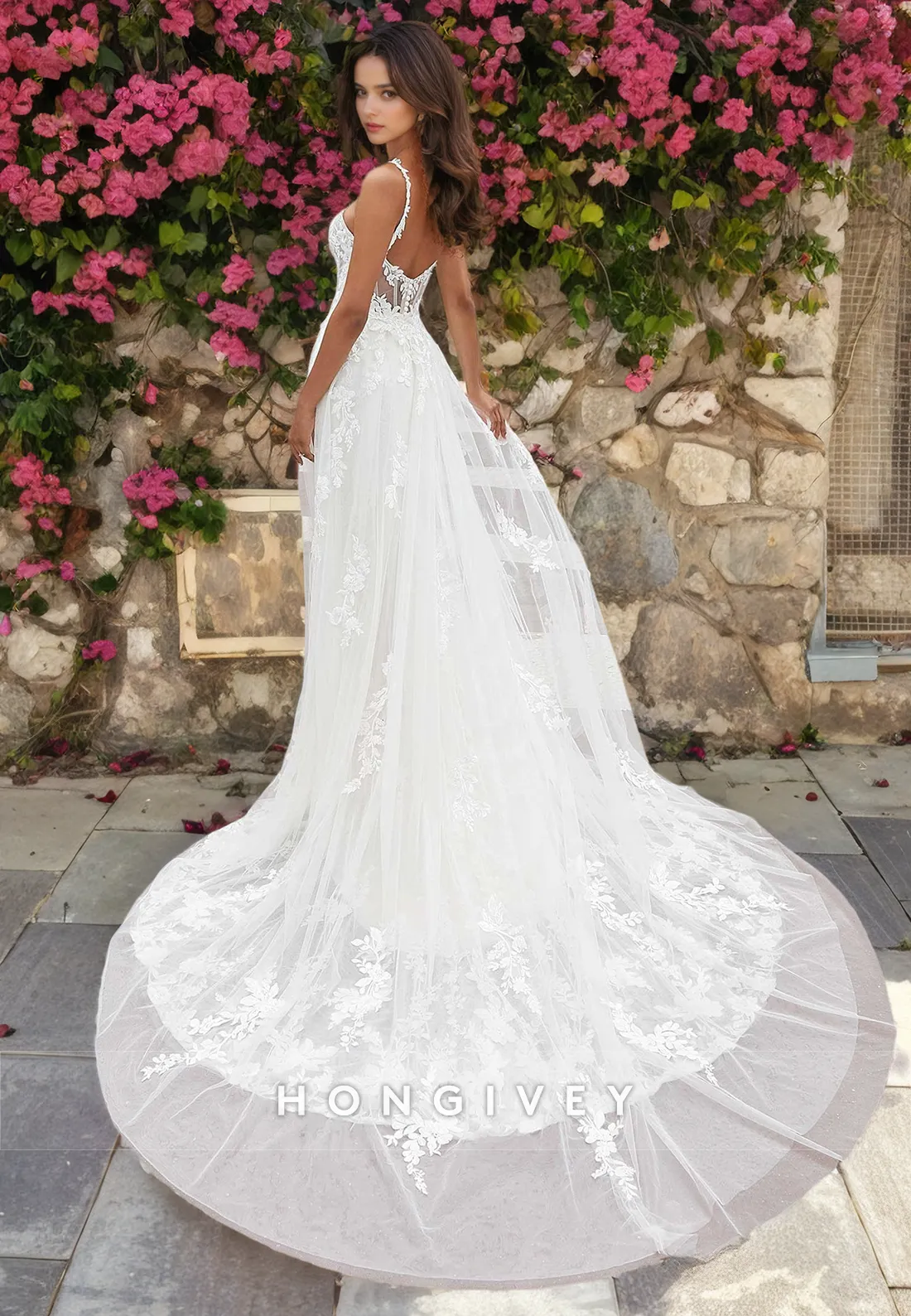 H0835 - Sheer Floral Embroidered Lace  Mermaid With Overskirt And Tulle Train Pricess Wedding Dress