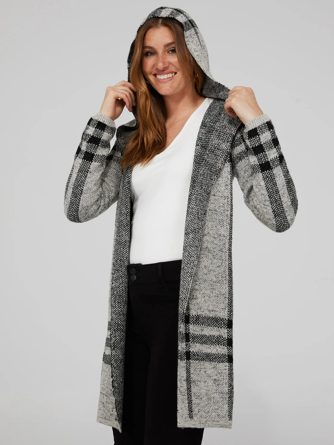 Hooded Plaid Coatigan