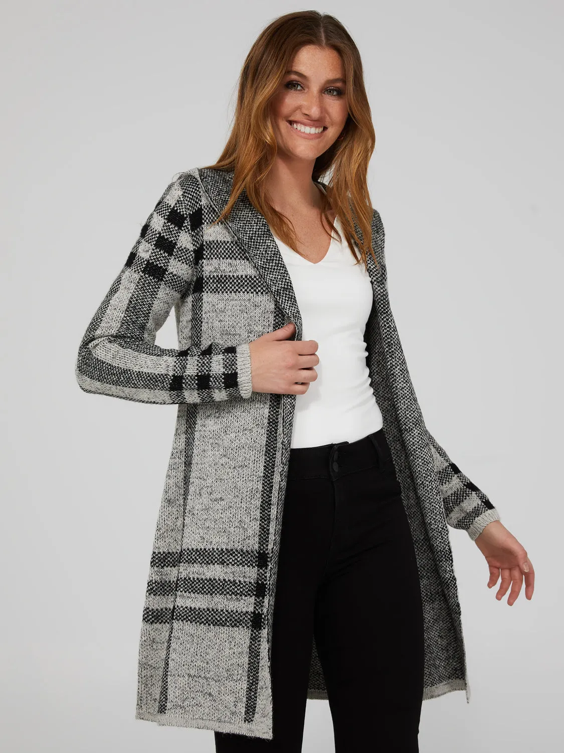 Hooded Plaid Coatigan