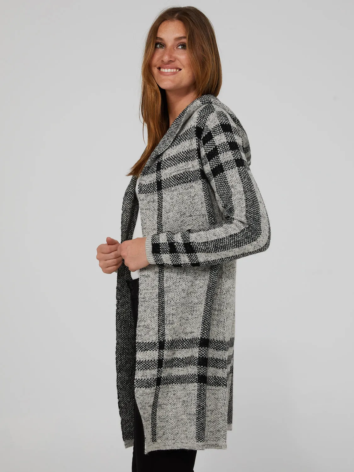 Hooded Plaid Coatigan