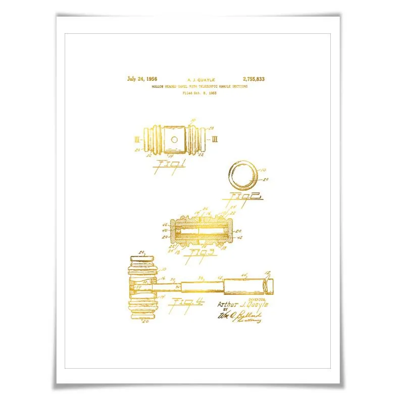 Judge's Gavel Gold Foil Patent Art Print. 7 Foil Colours. Lawyer. Legal. Law Firm.