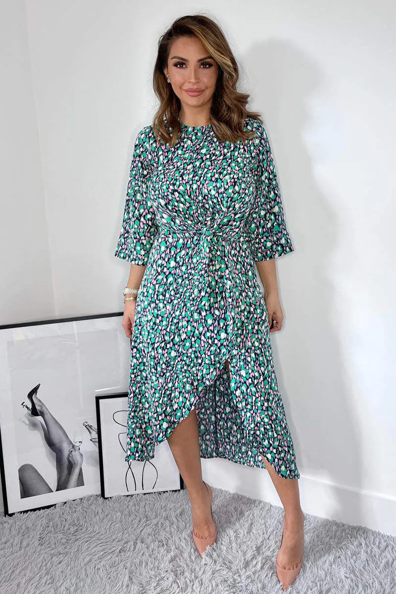 Kath Navy Green and Pink Tie Front Midi Dress