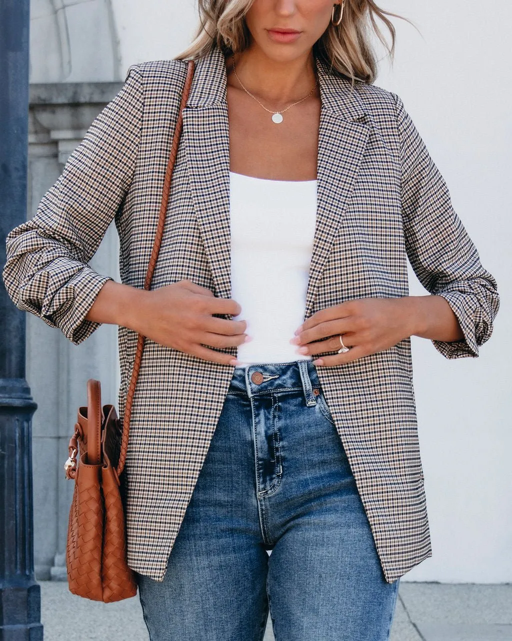 Khaki Plaid Ruched Open Front Blazer