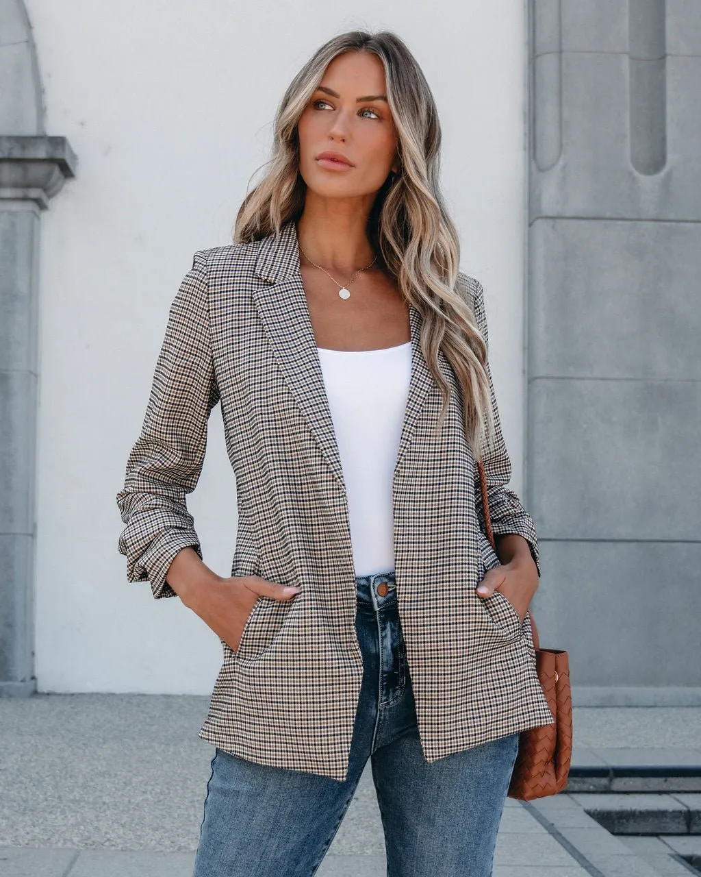 Khaki Plaid Ruched Open Front Blazer