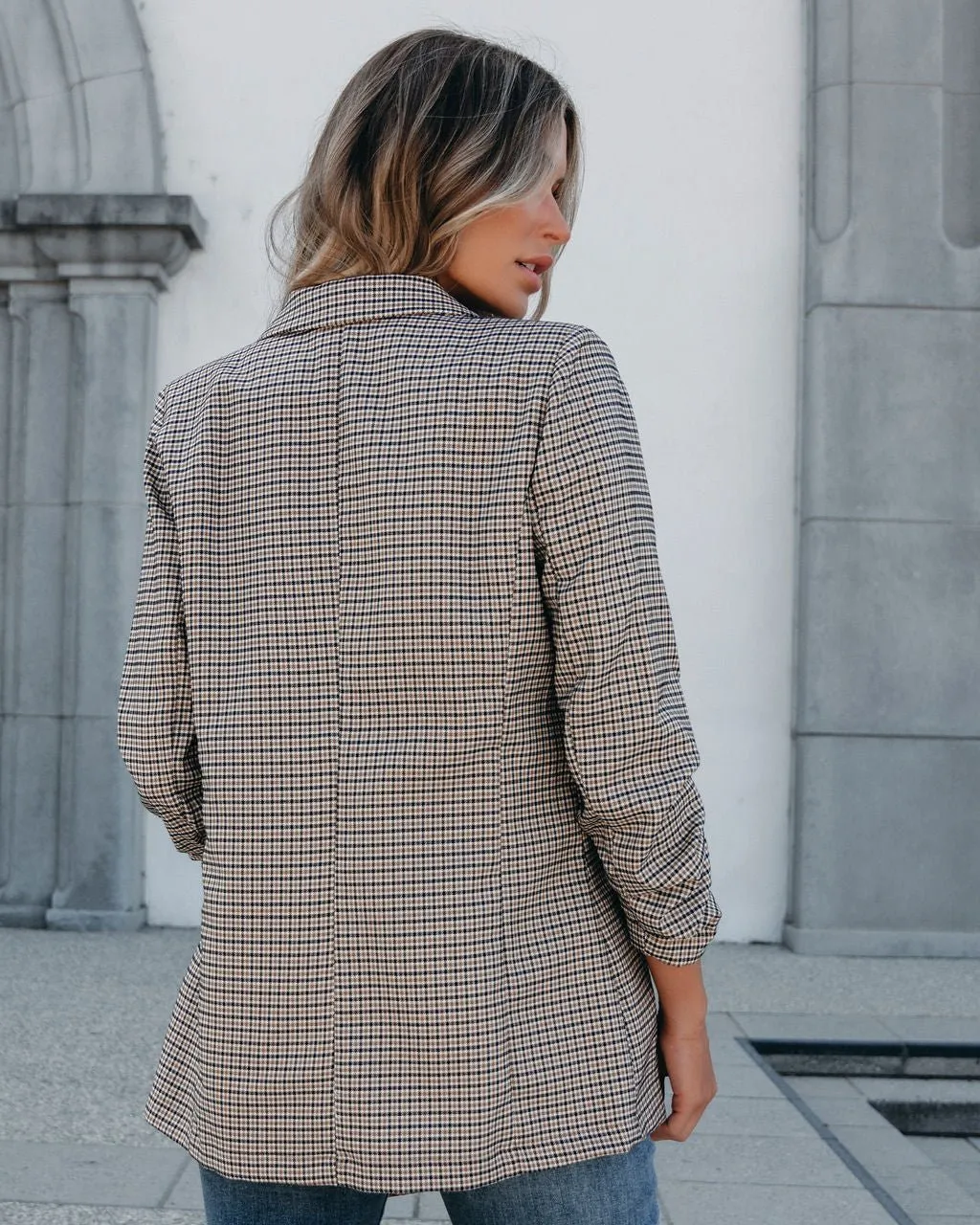 Khaki Plaid Ruched Open Front Blazer