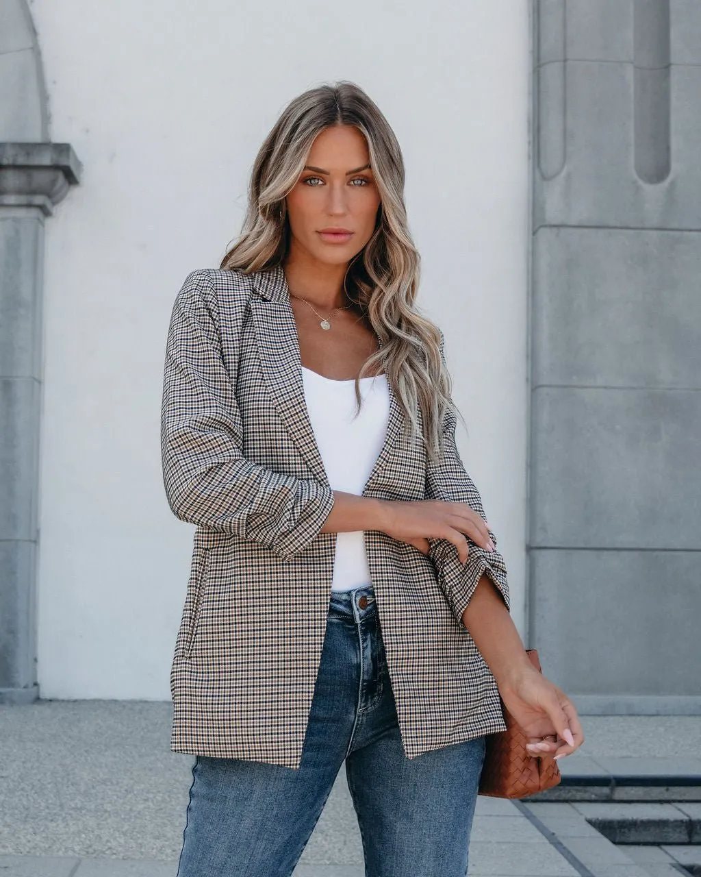 Khaki Plaid Ruched Open Front Blazer