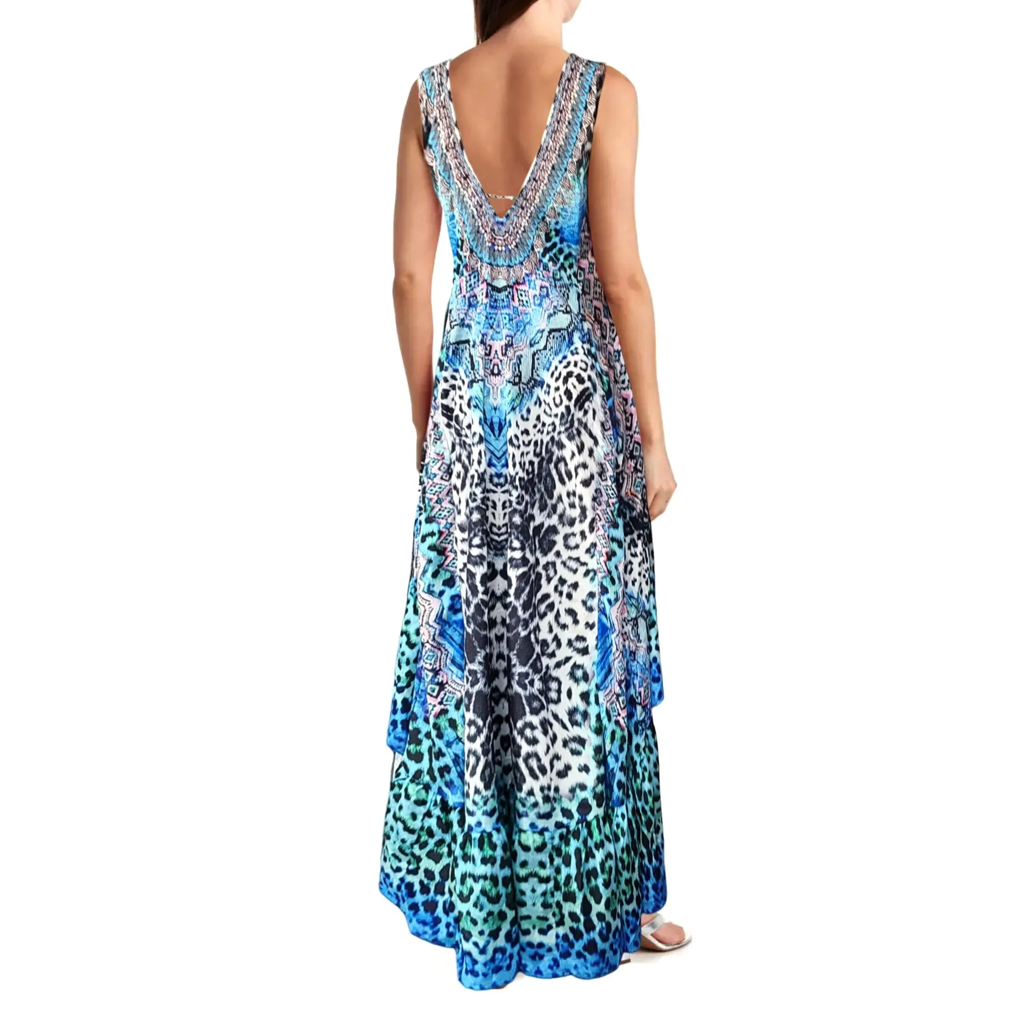 La Moda Women's Rhinestone Embellished Hi-low Ruffle Hem Maxi Swim Dress Cover-up