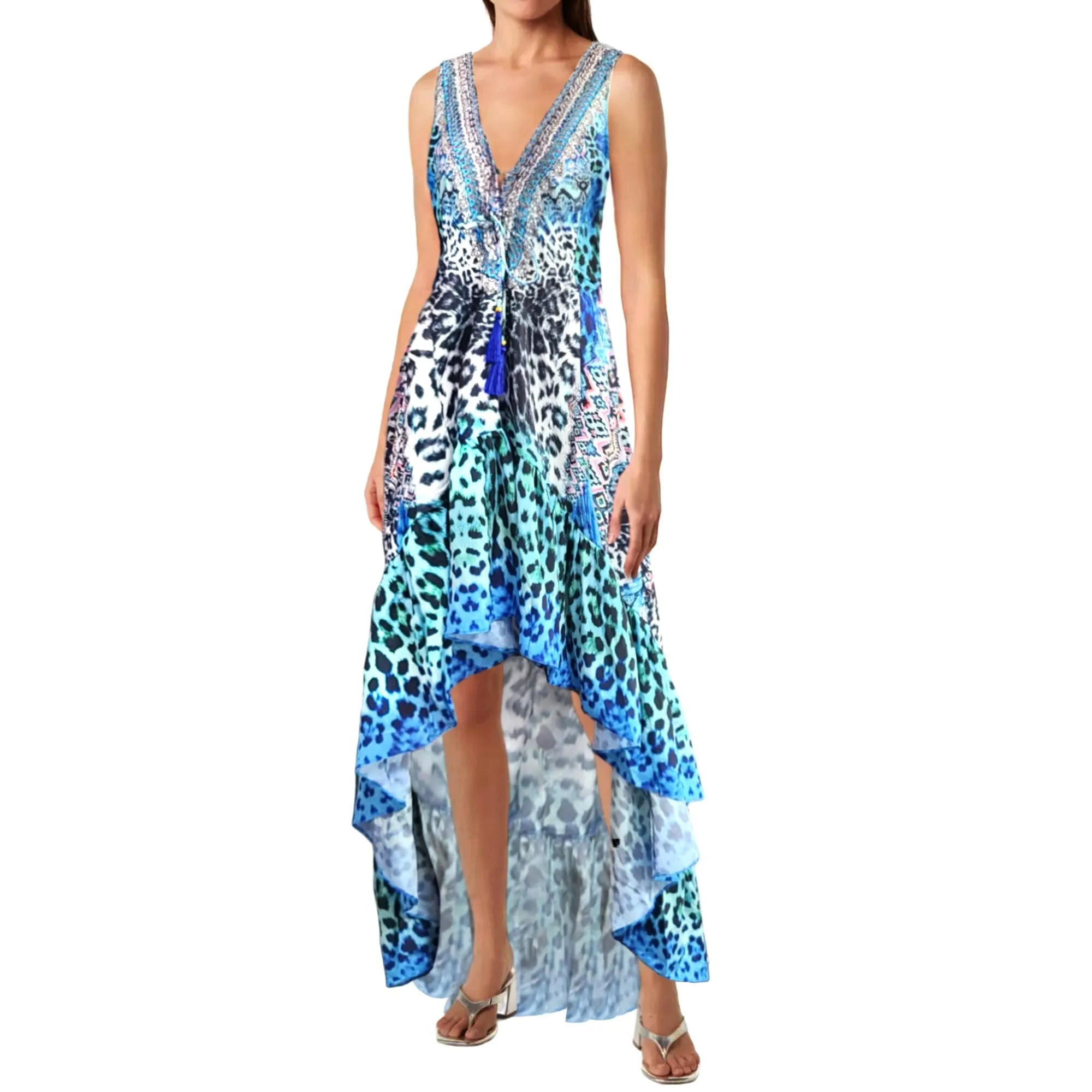 La Moda Women's Rhinestone Embellished Hi-low Ruffle Hem Maxi Swim Dress Cover-up