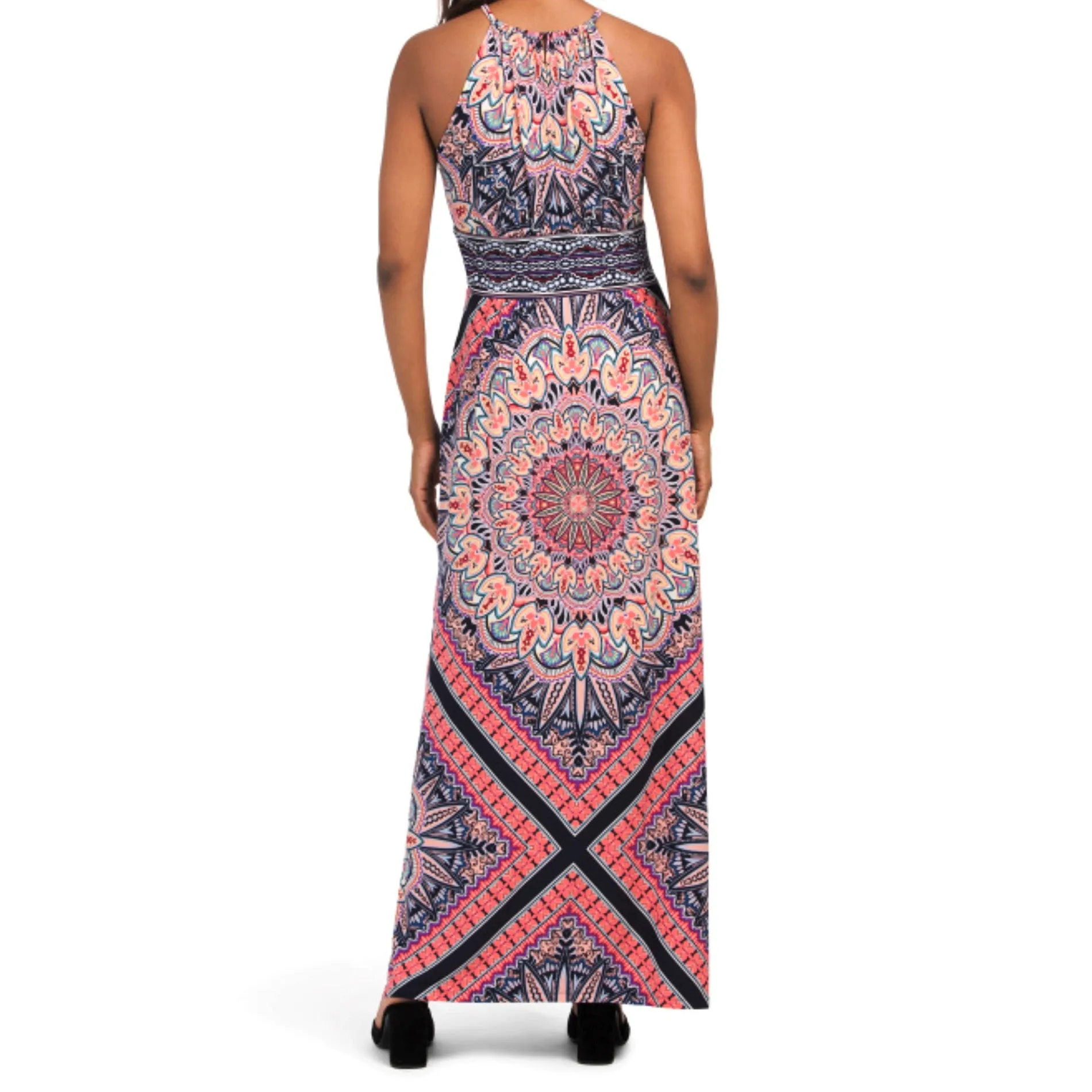 London Times Starburst Medallion Print Keyhole Halter Morris Maxi Dress