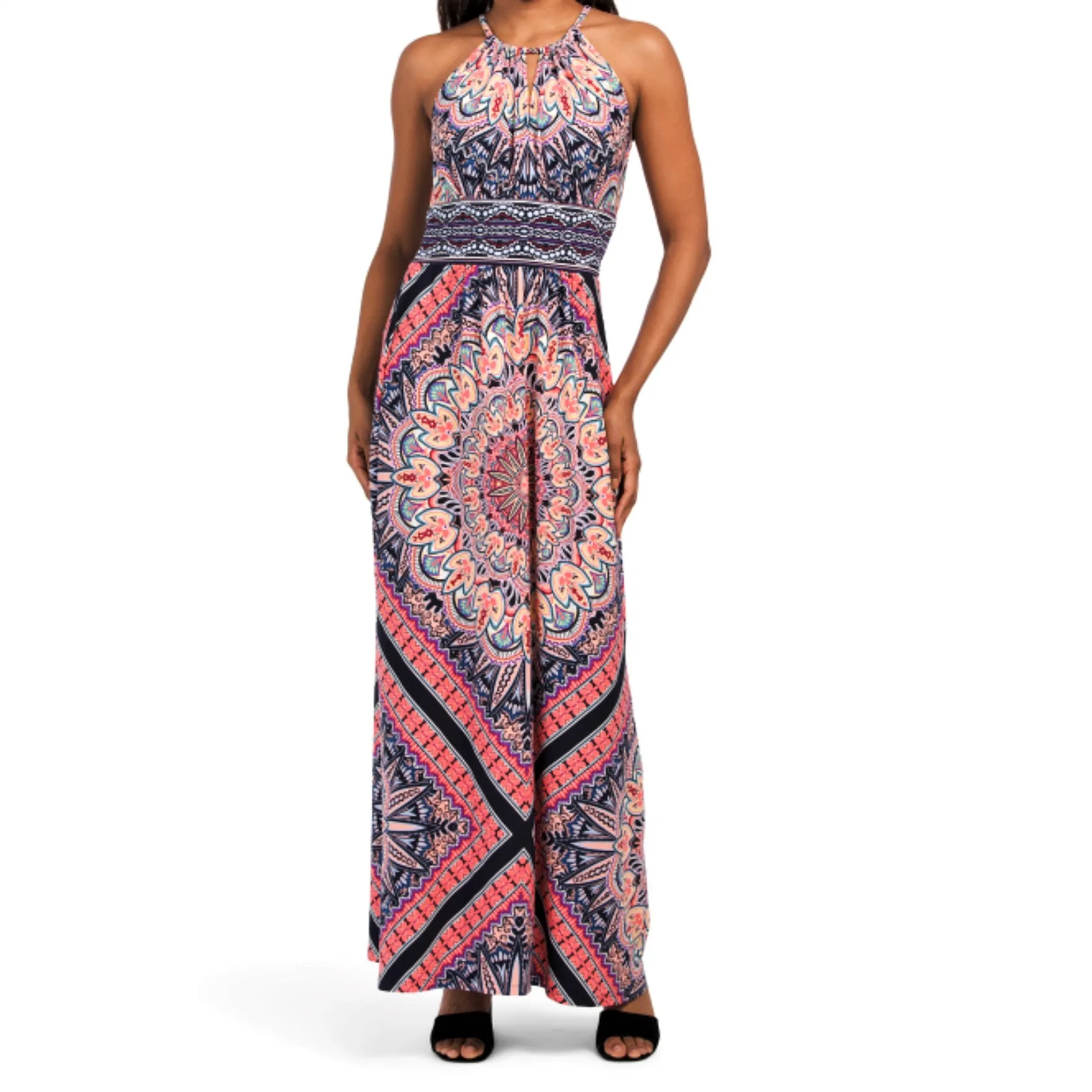 London Times Women's Morris Diamond Basket Printed Keyhole Halter Maxi Dress