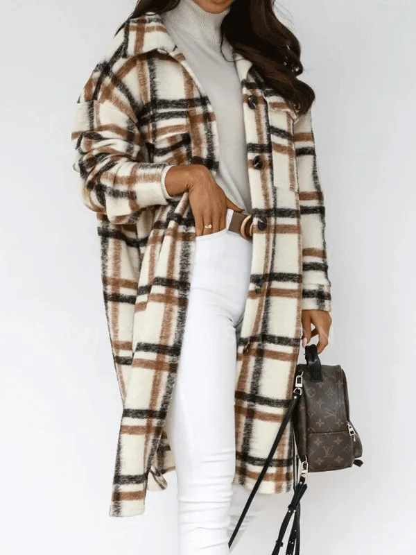 Long Sleeve Plaid Fuzzy Button Down Coat