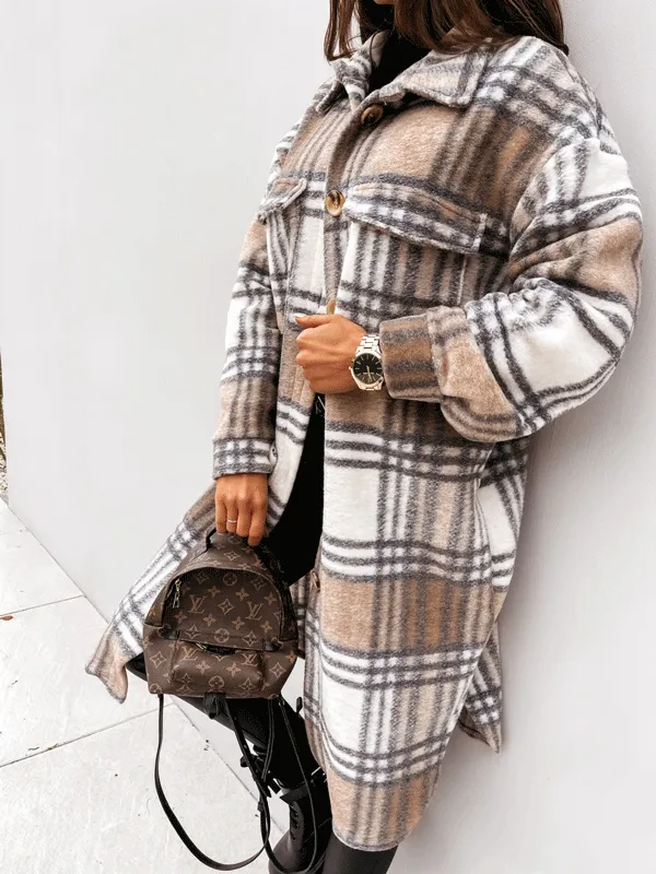 Long Sleeve Plaid Fuzzy Button Down Coat