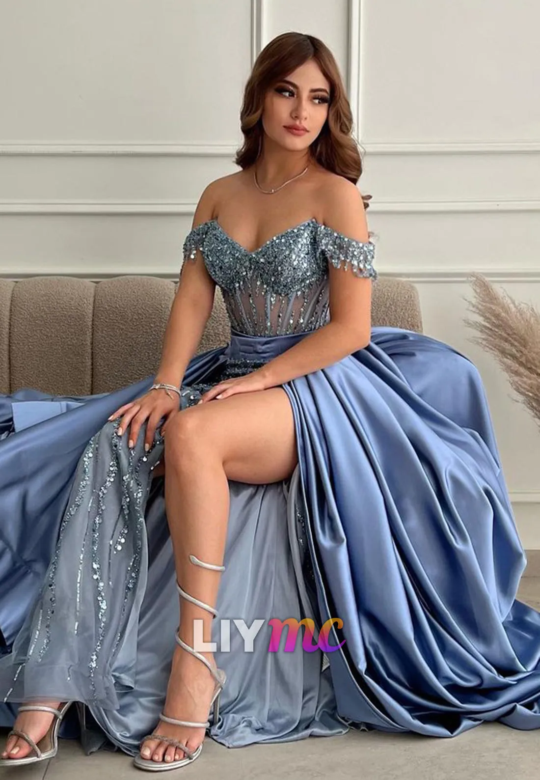 LP2298 - Off-Shoulder Strapless Appliques Sequins High Slit Prom Dress