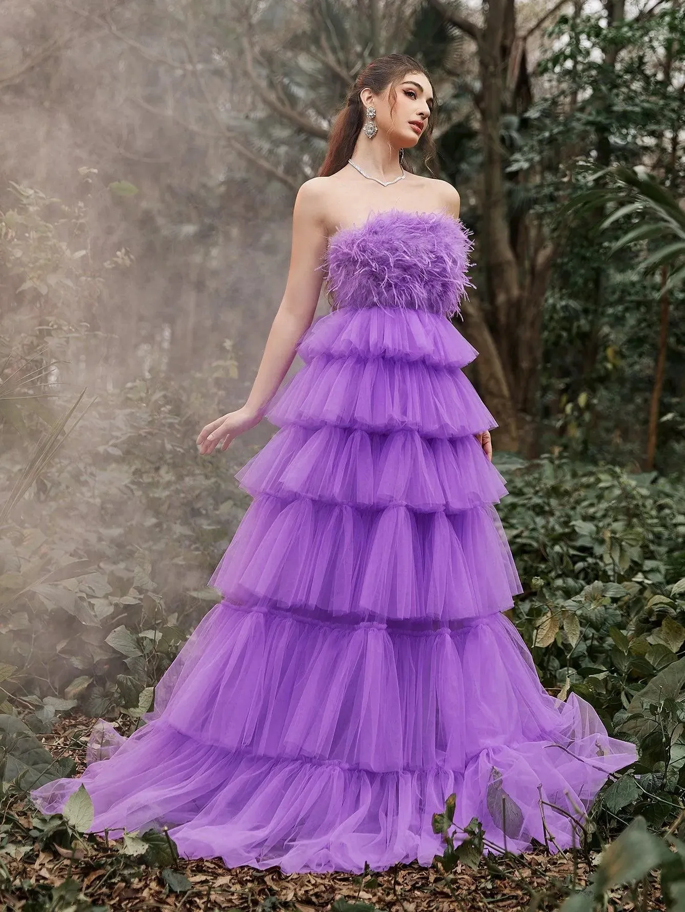 Luxury Feather Bodice Layered Ruffle Tulle Hem Prom Tube Dress