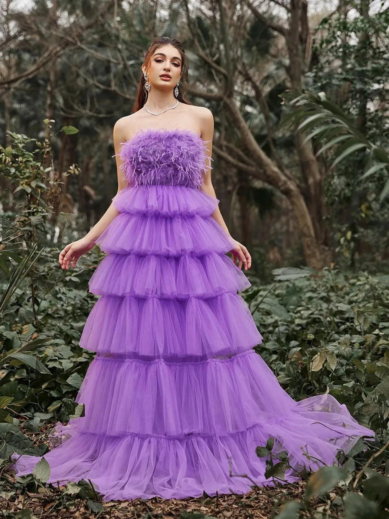 Luxury Feather Bodice Layered Ruffle Tulle Hem Prom Tube Dress