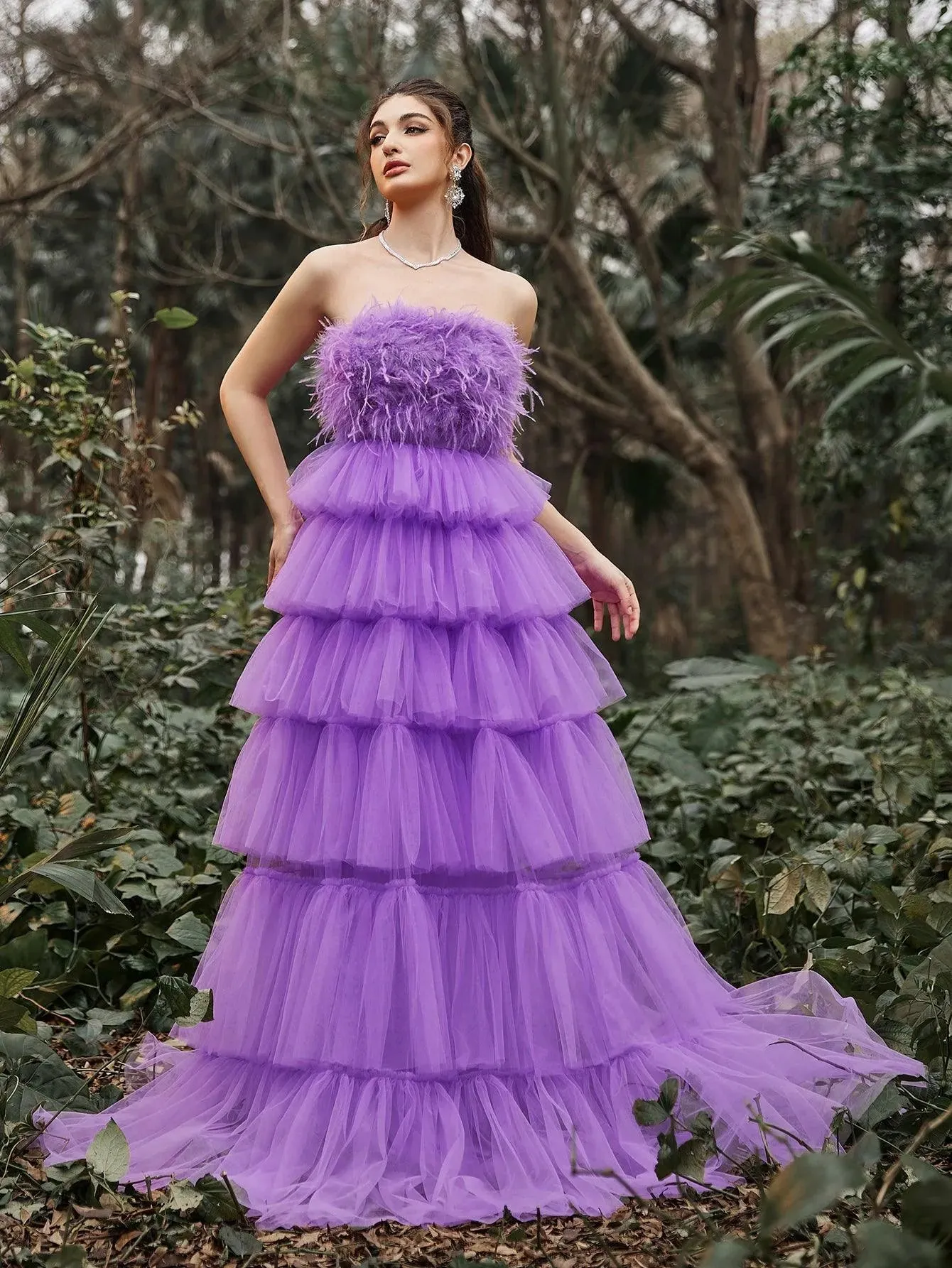 Luxury Feather Bodice Layered Ruffle Tulle Hem Prom Tube Dress