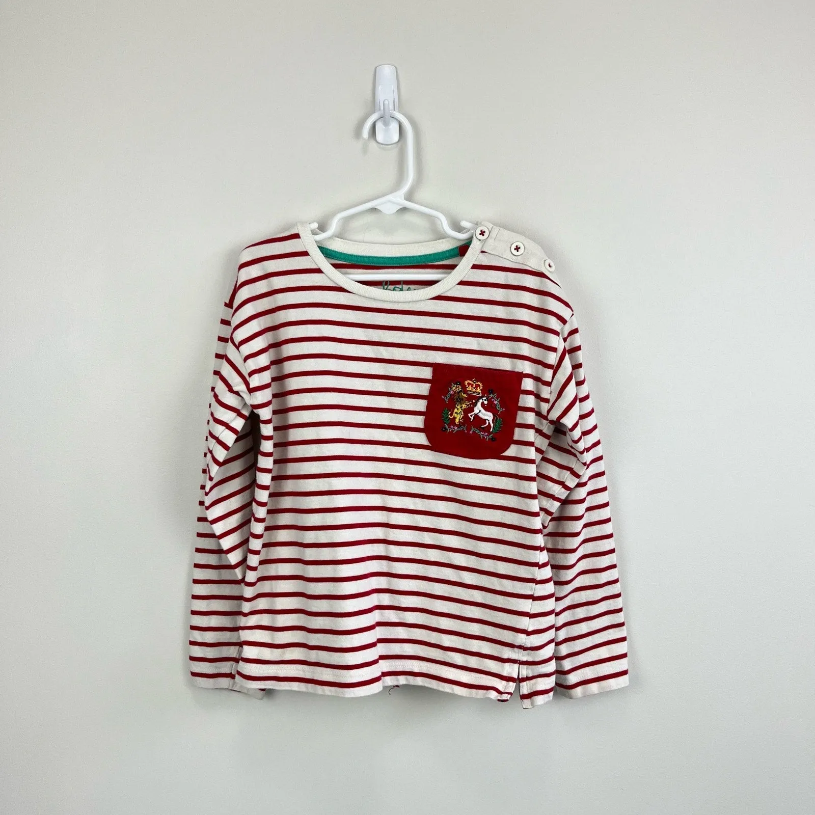 Mini Boden Long Sleeve Red Stripe Royal Crest Tee 8-9 Years