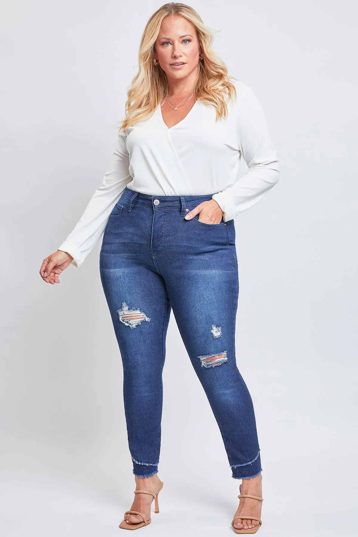 Missy Plus Size Skinny High-Rise Ankle Jean With Slanted Double Frayed Hem Made With Recycled Fibers , Pack Of 12