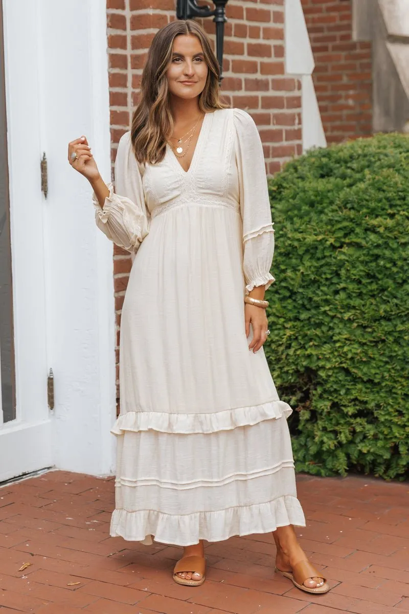 Natural Lace Embroidered Tiered Maxi Dress