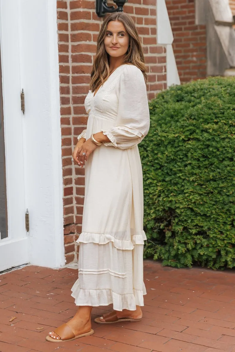 Natural Lace Embroidered Tiered Maxi Dress