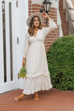 Natural Lace Embroidered Tiered Maxi Dress