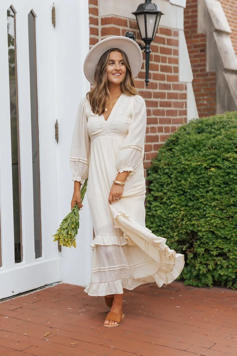 Natural Lace Embroidered Tiered Maxi Dress