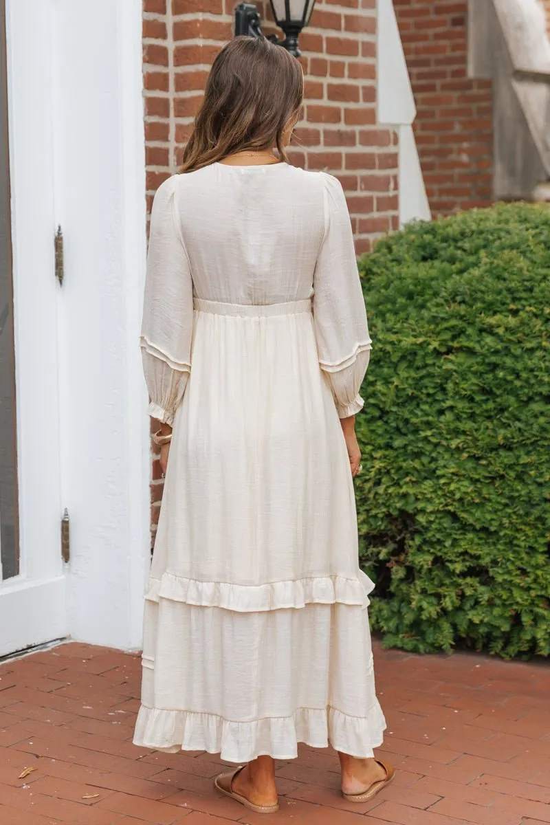 Natural Lace Embroidered Tiered Maxi Dress