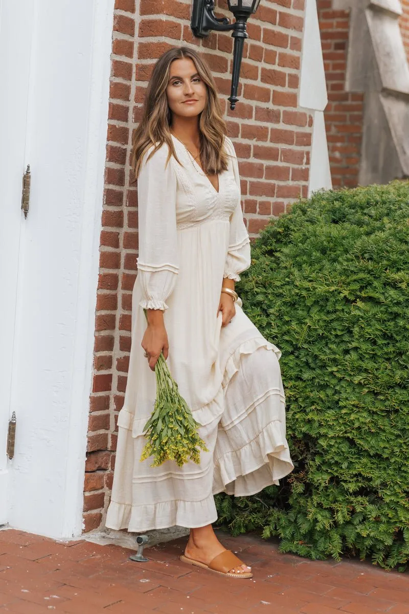 Natural Lace Embroidered Tiered Maxi Dress