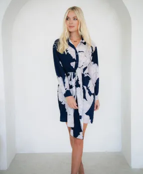 Navy Leaf Tie Front Shirt Dress