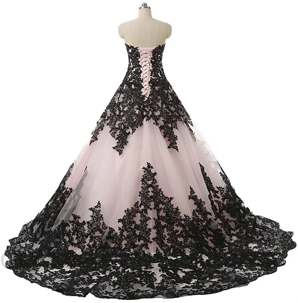 New Strapless Full Length Lace Up Formal Occasion Women&#39;s Gothic Wedding Dress Elegant Black Appliques Prom Ball Gowns