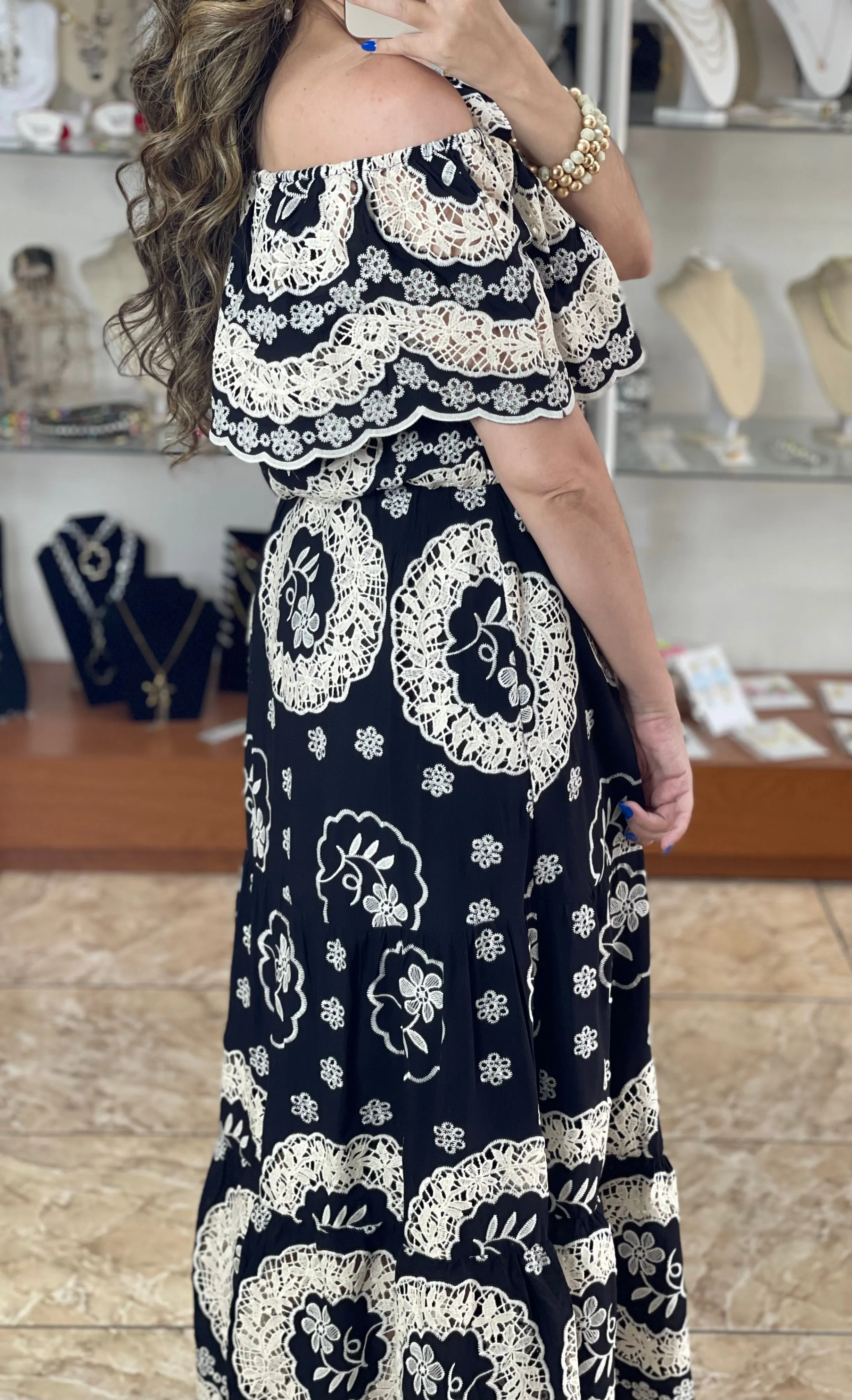 Off Shoulder Embroidered Maxi Dress