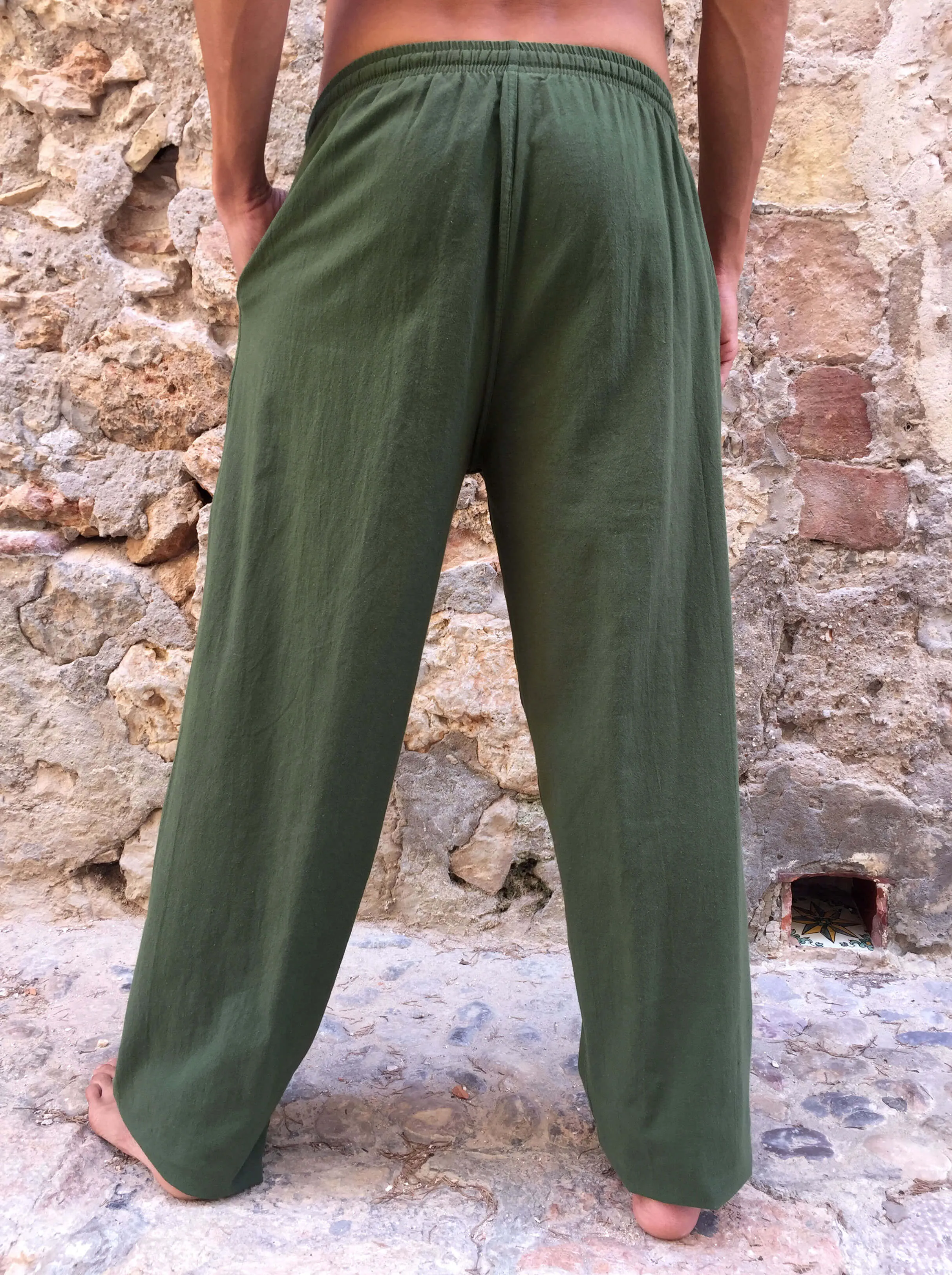 Olive Green Cotton Drawstring Pants