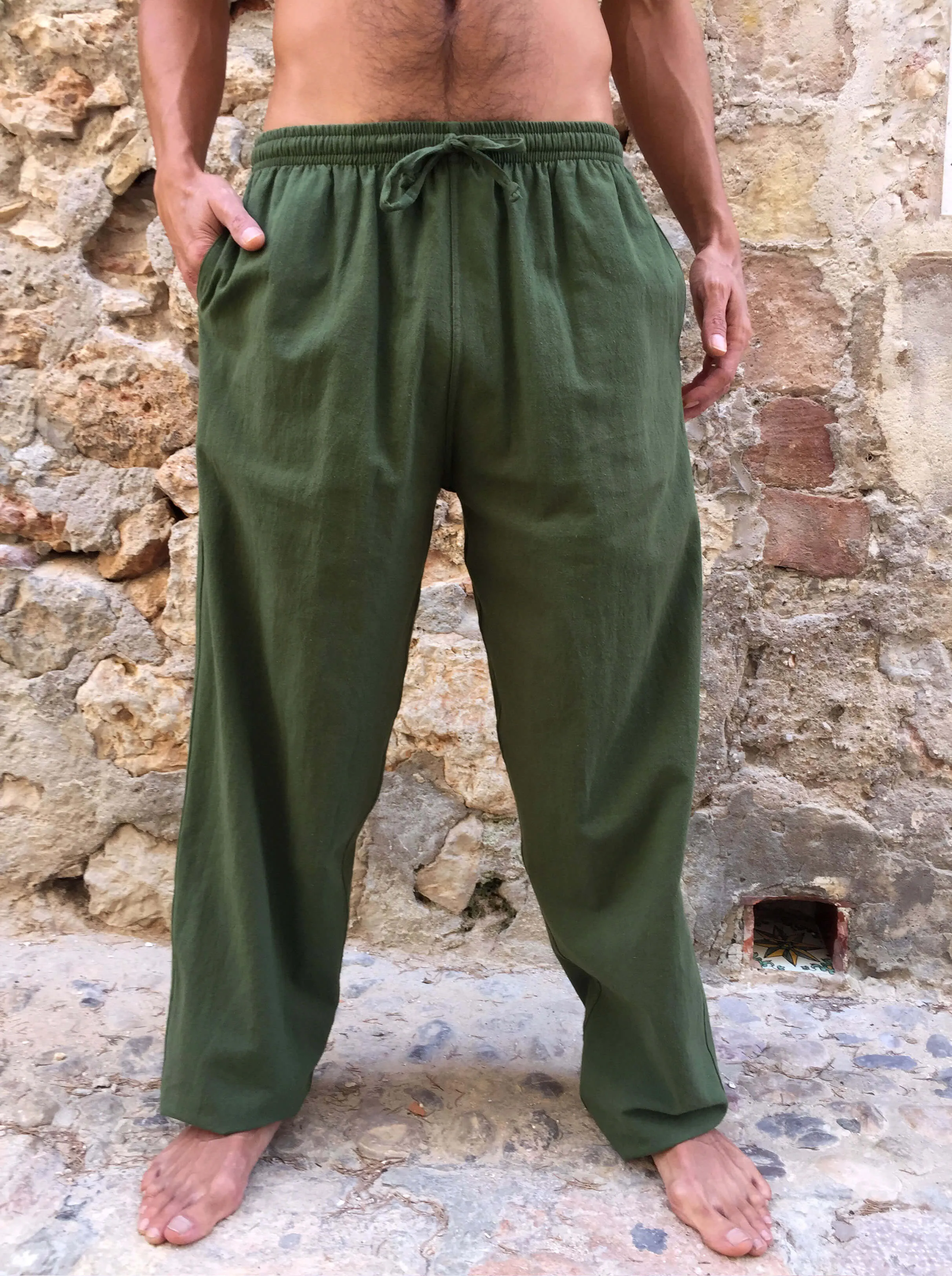 Olive Green Cotton Drawstring Pants