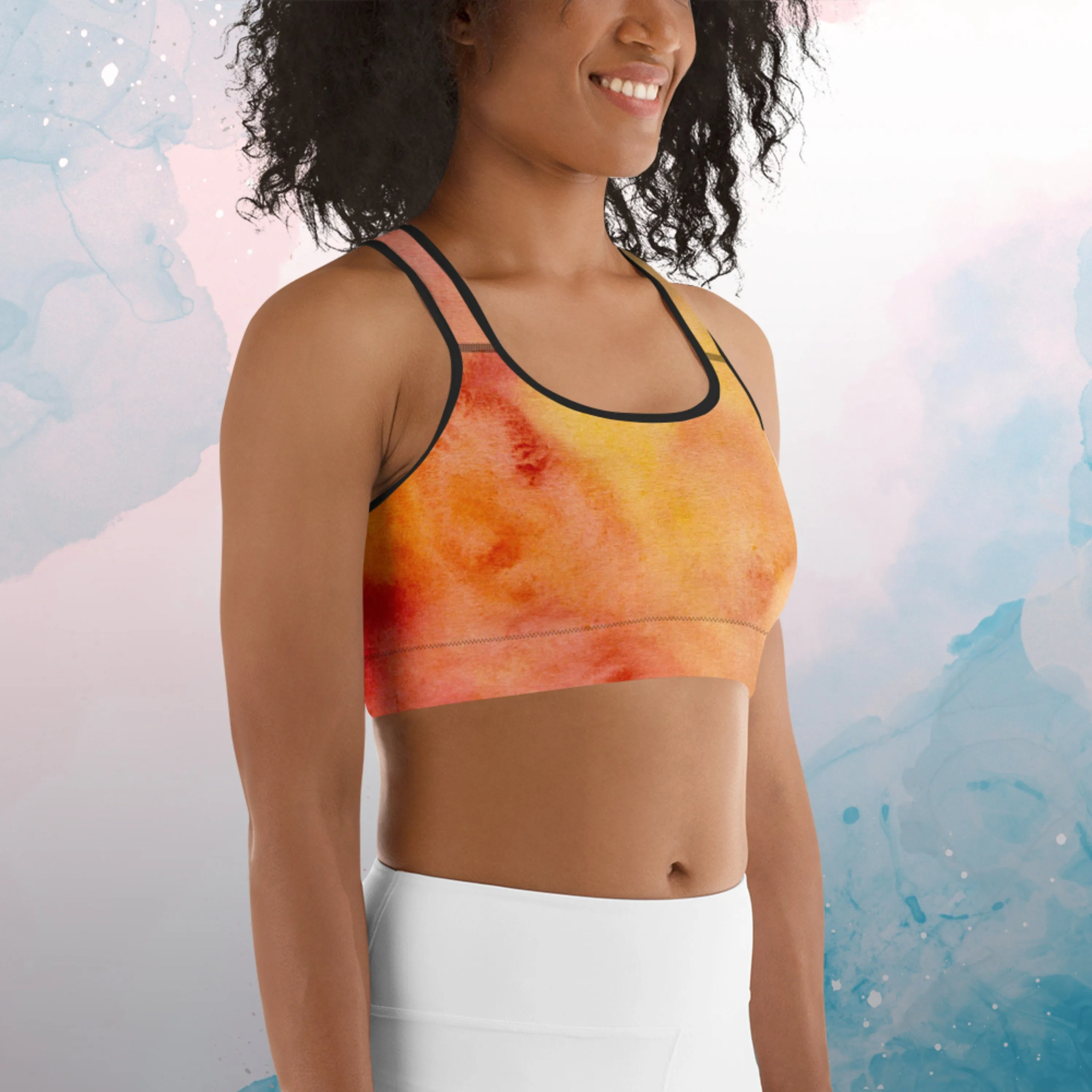 Orange Fire Tie Dye Print Womens Light Weight Sports Bra