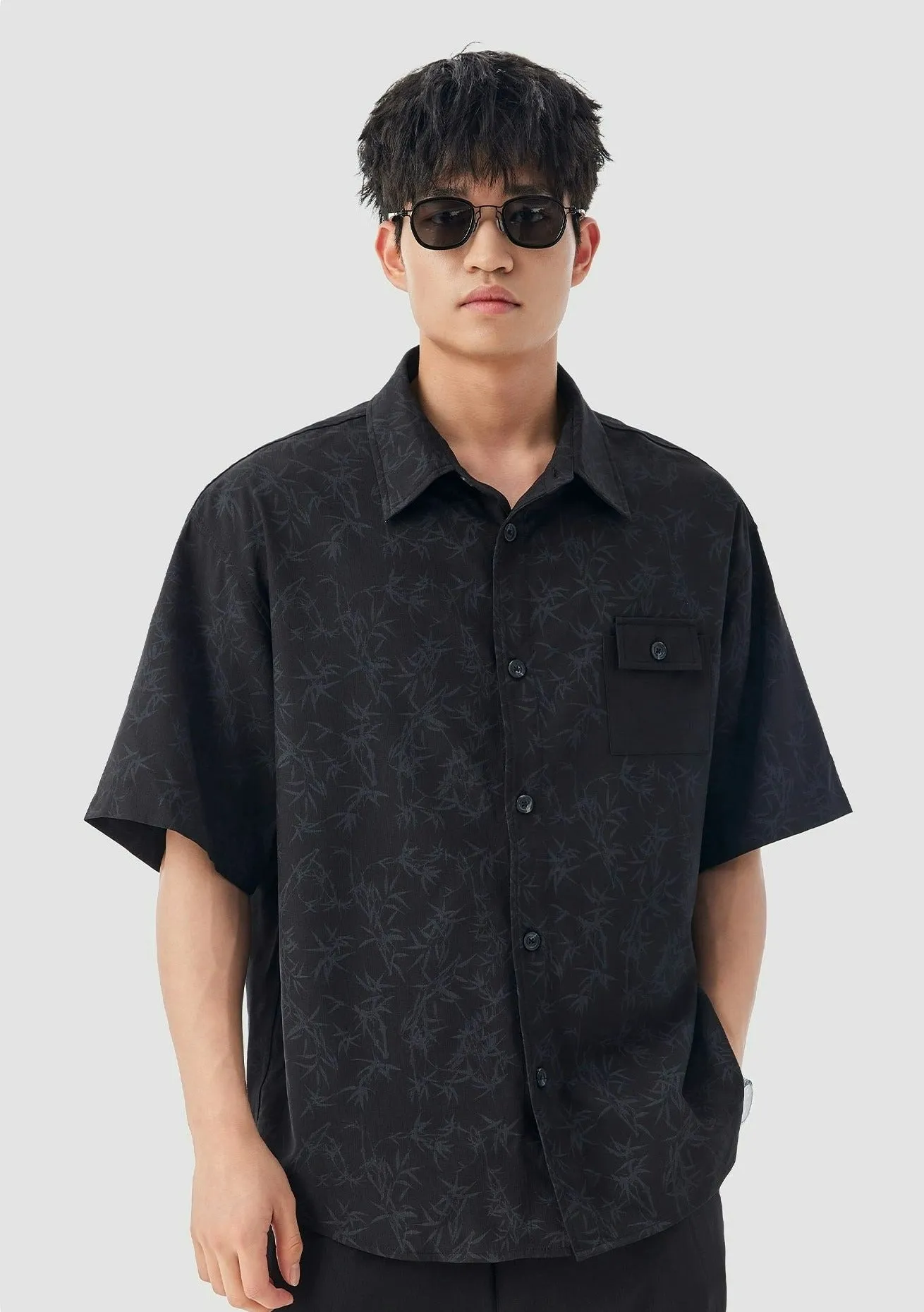 Oversized Bamboo Print Short Sleeve Button-up Shirt