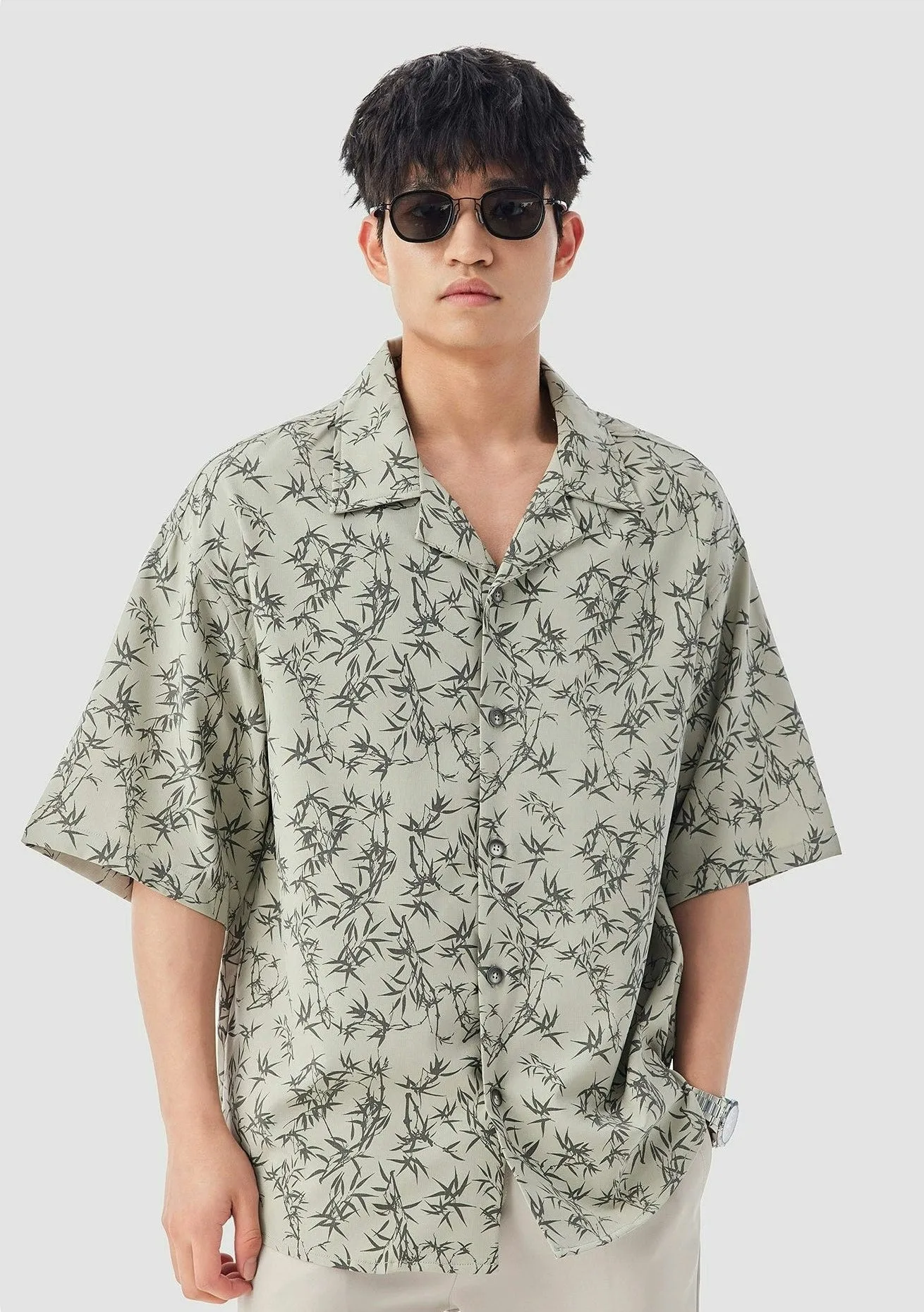 Oversized Bamboo Print Short Sleeve Button-up Shirt