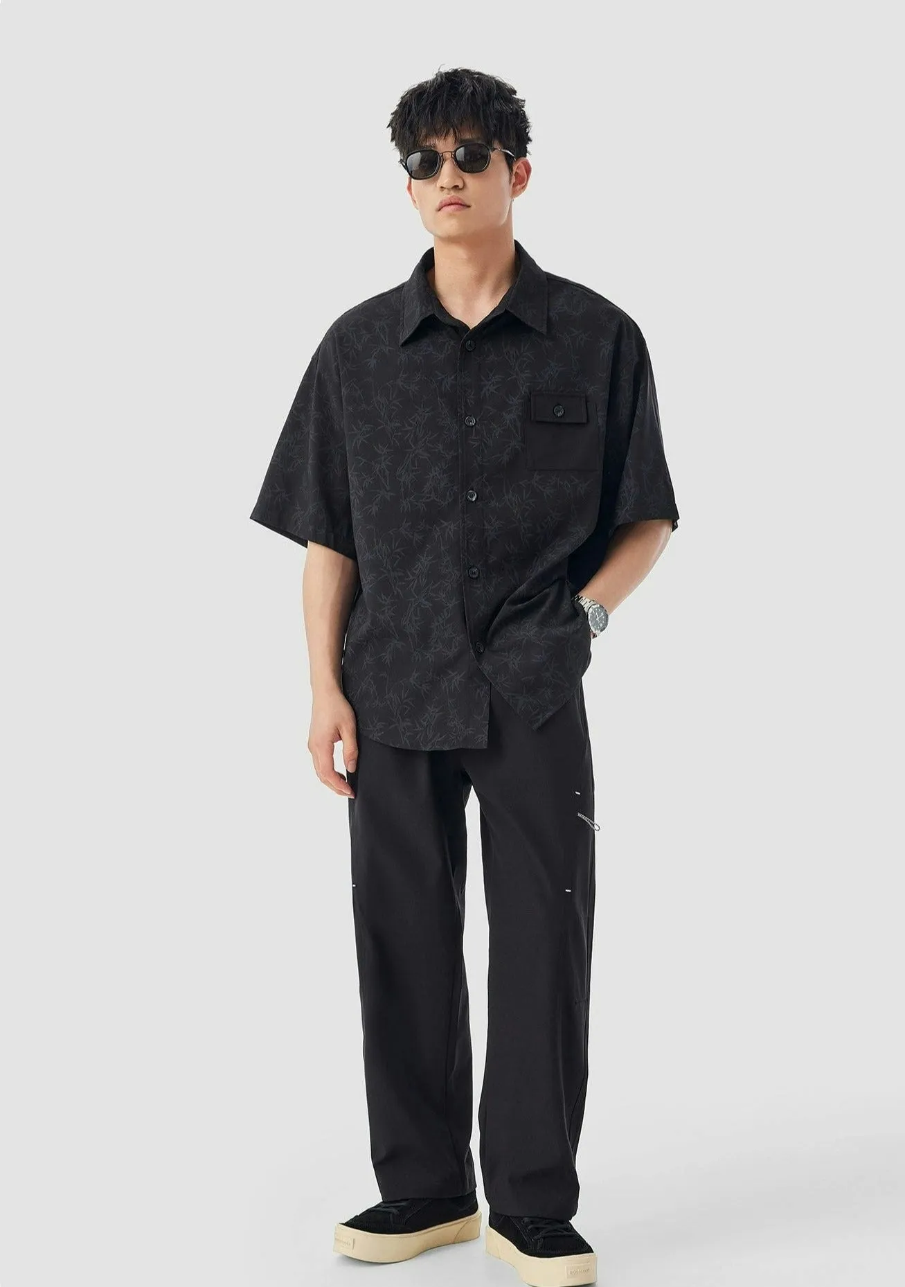 Oversized Bamboo Print Short Sleeve Button-up Shirt