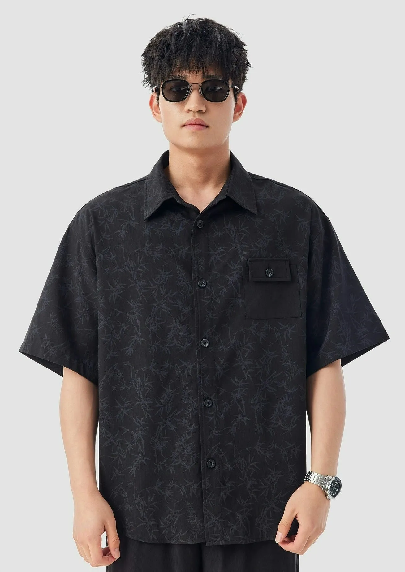 Oversized Bamboo Print Short Sleeve Button-up Shirt