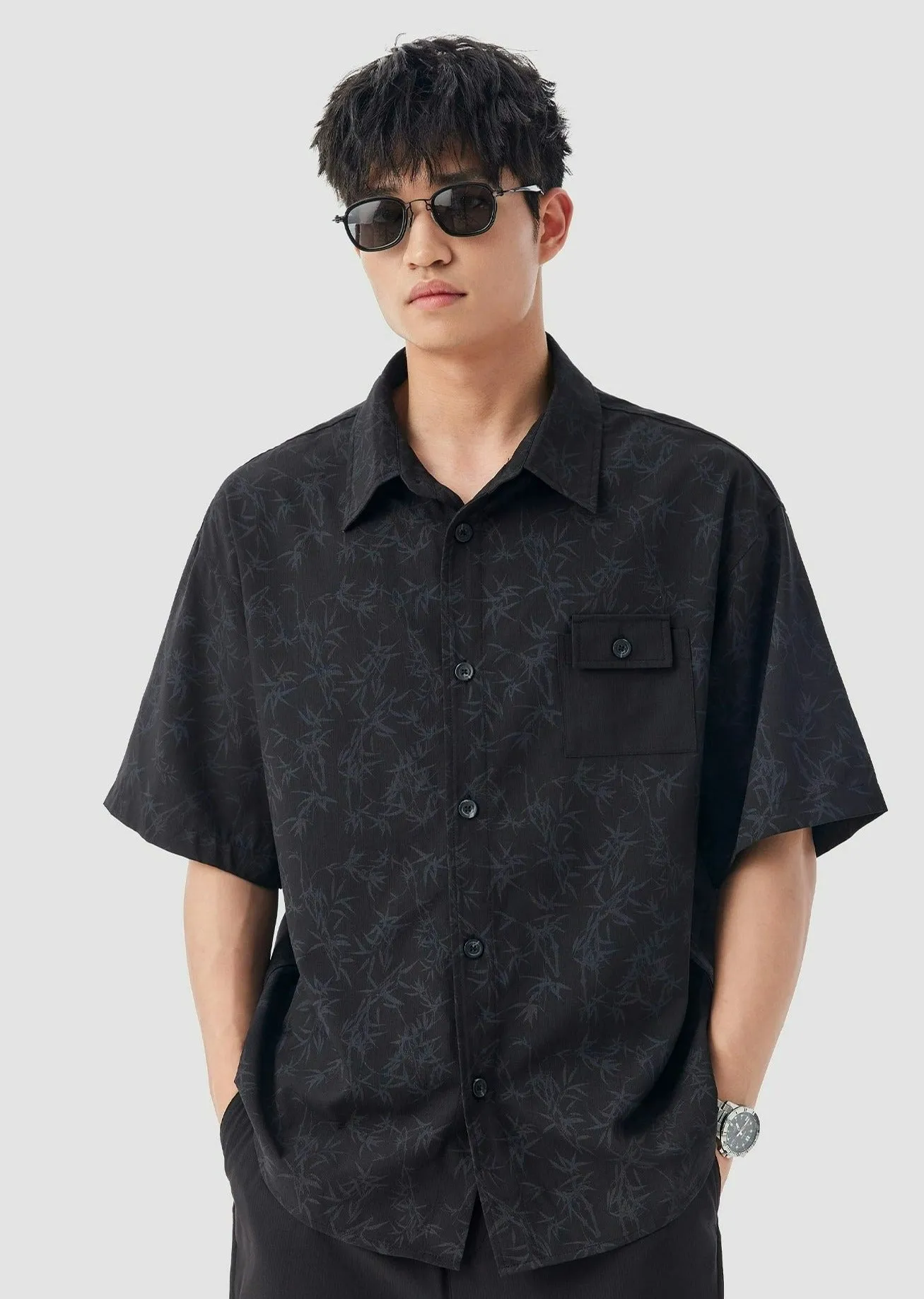 Oversized Bamboo Print Short Sleeve Button-up Shirt