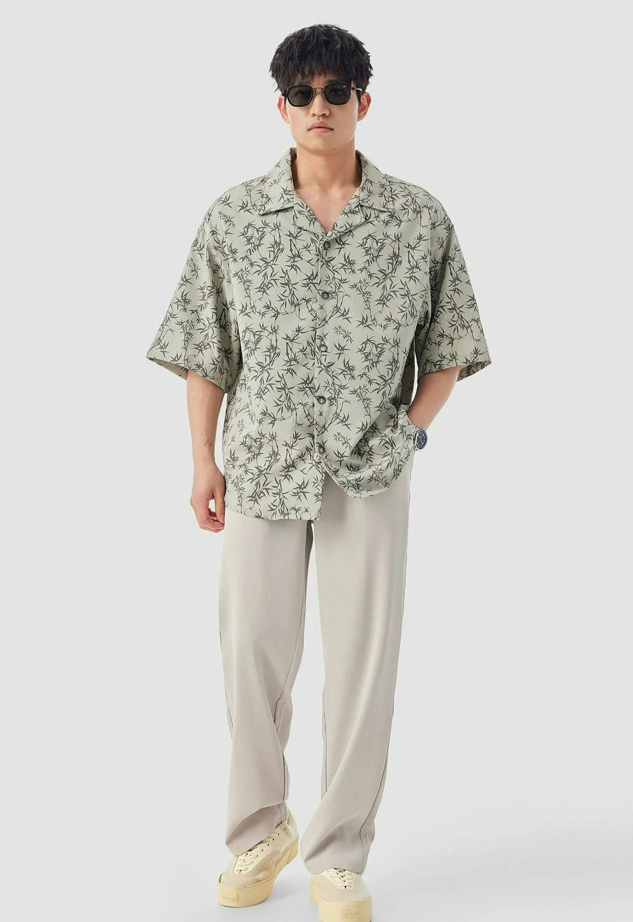 Oversized Bamboo Print Short Sleeve Button-up Shirt