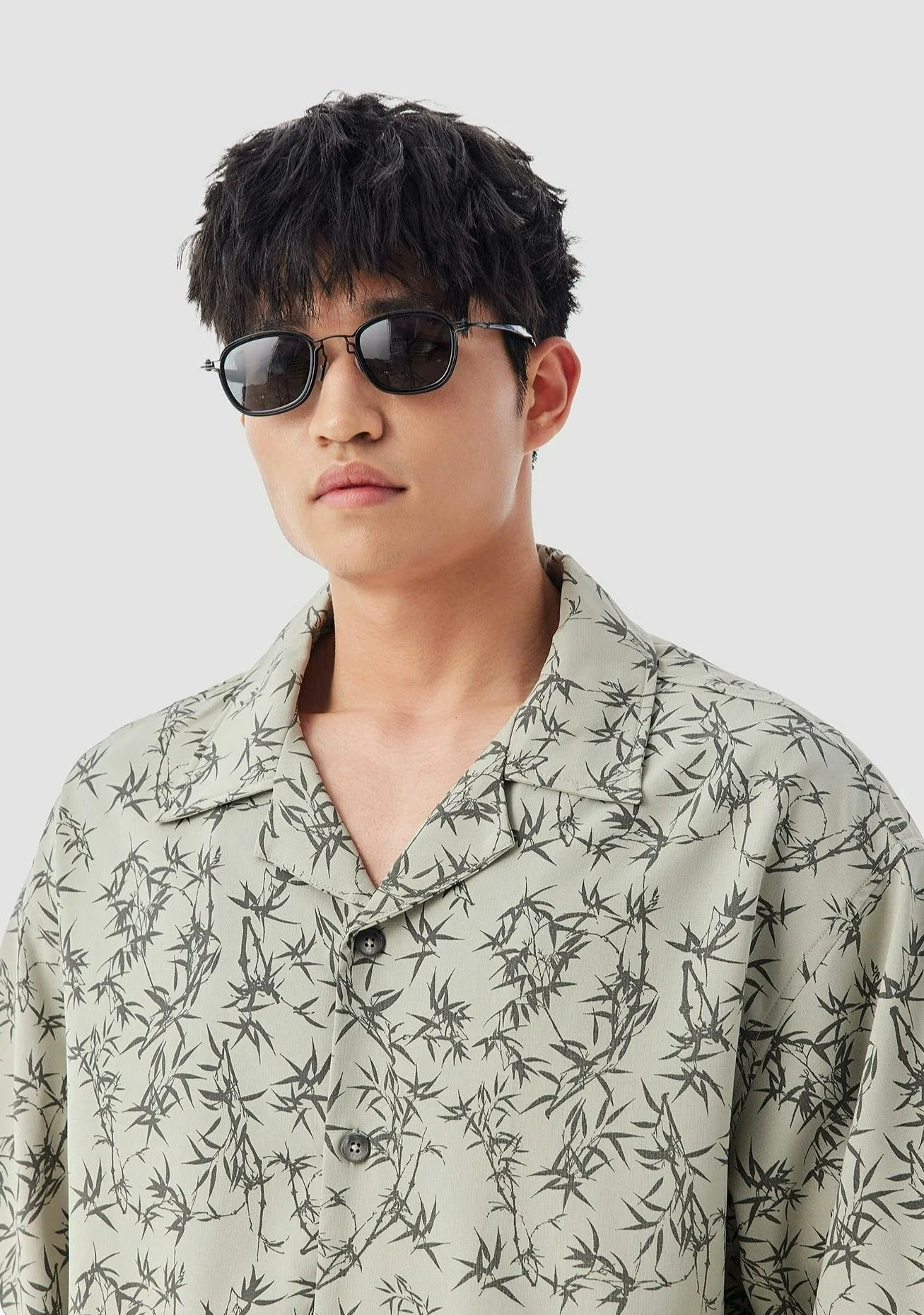 Oversized Bamboo Print Short Sleeve Button-up Shirt