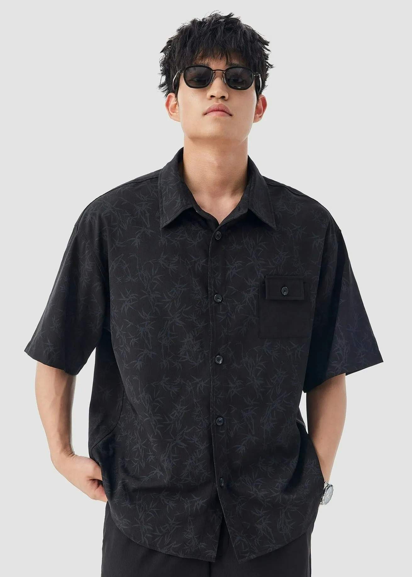 Oversized Bamboo Print Short Sleeve Button-up Shirt